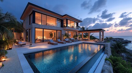 Fototapeta premium Modern Cliffside Villa with Infinity Pool at Sunset