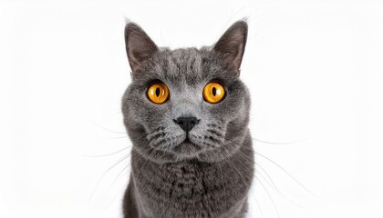 Grey Chartreux cat with yellow orange eyes isolated on white background. Studio shot.	

