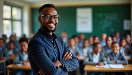 Fototapeta premium Smiling teacher stands confidently in classroom. Students attentively listen to lesson. Diverse group of children in school environment. Indoor setting. Educational setting. Back to school. Pro