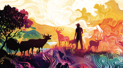 A farmer and a team of animals working together, each contributing to the biodynamic farm's success, with swirling colors representing the synergy of nature. 