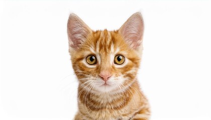 Obraz premium Portrait of domestic red kitten. Cute young cat sitting. Curious young orange striped kitty isolated on white background