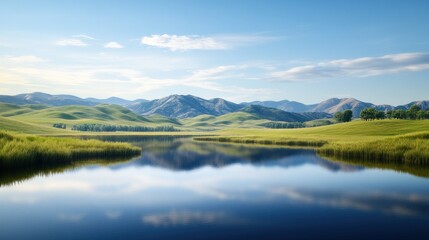 Obraz premium Serene landscape with mountains and a reflective lake under blue sky.
