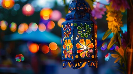  Colorful Ramadan fanoos lantern glowing in festive night, vibrant bokeh lights in background, cultural celebration.