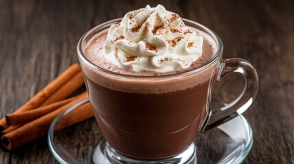 Hot Chocolate with Whipped Cream and Cinnamon in Glass Cups