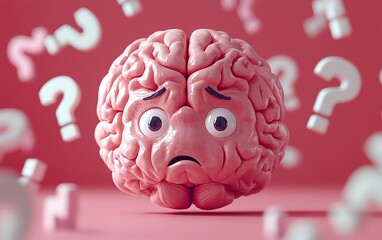 3D cartoon brain with a worried expression, surrounded by floating question marks, symbolizing confusion, anxiety, and problemsolving, perfect for mental health visuals