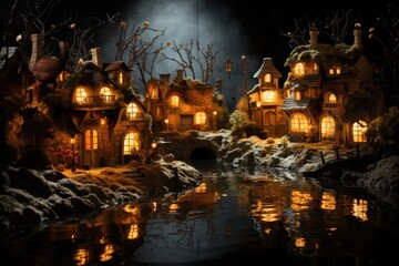 Obraz premium Enchanting miniature village at night, illuminated houses, river reflection.