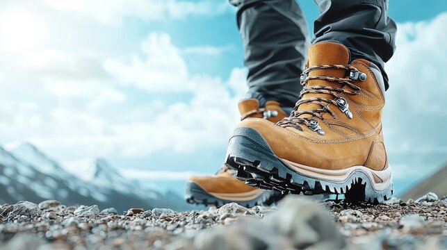 Dynamic outdoor gear promotion, close-up of hiking boots on trail, minimalistic text space for sale info, earthy and adventurous style
