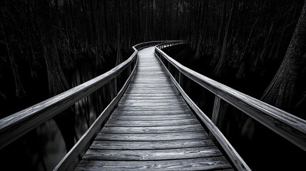 Fototapeta premium Abstract perspective of wooden boardwalk disappearing into the misty swamp, Everglades landscape, Mysterious and enchanting