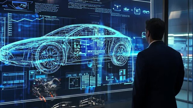 A male engineer is actively exploring and experimenting with futuristic technology within a cuttingedge advanced car design laboratory, focusing on the next generation of automotive innovations