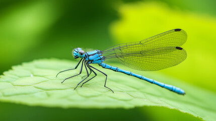 Close-up of a vibrant blue dragonfly perched on a green leaf