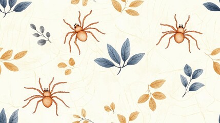 Elegant nature pattern featuring spiders and leaves in soft colors for creative design projects