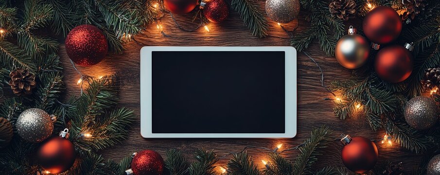 Empty tablet or iPad with a blank screen, surrounded by Christmas ornaments, pine branches, and glowing fairy lights, perfect for tech mockups and holidaythemed projects - Powered by Adobe