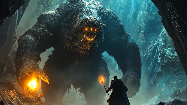 Fantasy warrior confronts giant beast in a mystical cave illuminated by glowing staff, Fantasy warrior with glowing staff and giant beast in a mystical cave, symbolizing bravery and magic