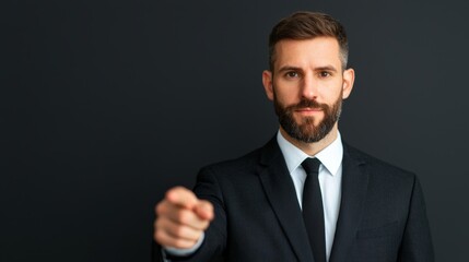 Confident man in formal suit pointing towards camera on studio background