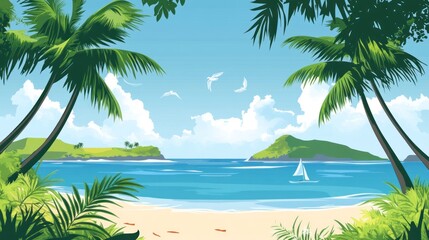Fototapeta premium Idyllic tropical beach scene with palm trees, sailboat, and clear blue ocean.