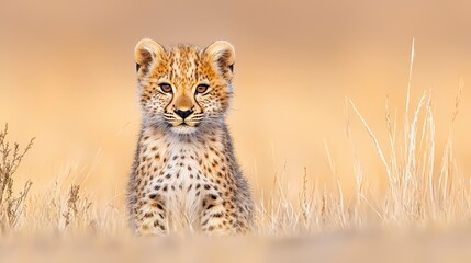 Obraz premium Adorable Cheetah Cub Amidst Grasslands with Soft Focus Background in Golden Light