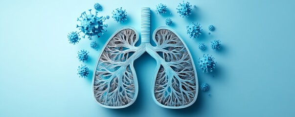Obraz premium Papercutstyle design of human lungs with virus particles, creative layered artwork, perfect for stock photos about health, respiratory problems, and virus awareness