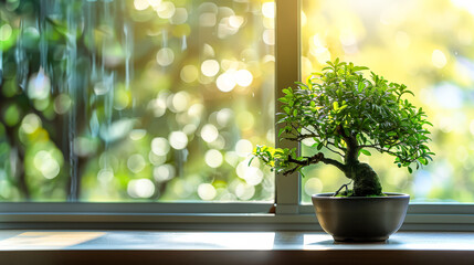 Small bonsai tree sits on a wooden table in front of a window.