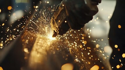 Skilled worker grinding steel beam with precision, focus on grinder and sparks, construction work
