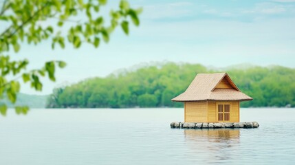 Fototapeta premium Tranquil Wooden Hut on Calm Water Surrounded by Lush Greenery Under Soft Blue Sky