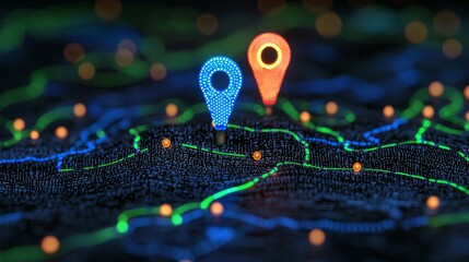 Fototapeta premium Colorful navigation markers on a digital map with glowing lines and lights at night