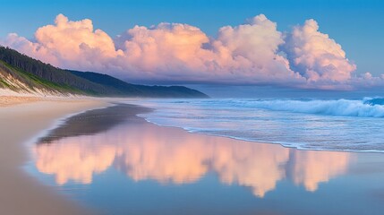 Obraz premium Sunrise beach scene with clouds reflected in wet sand.