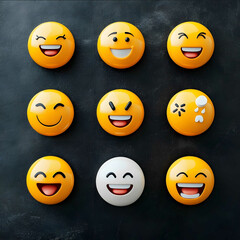 Fototapeta premium happy smiling joyful emojis in yellow and white colours arranged seperately on a dark background