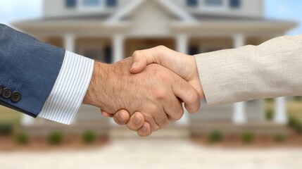 Business Partnership Agreement Handshake in Front of a New House Exterior