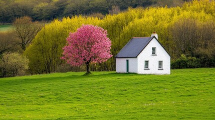 Obraz premium Charming White Cottage Surrounded by Lush Green Grass and Vibrant Pink Tree in Scenic Nature Landscape