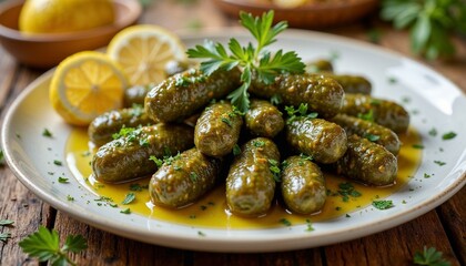 Plate of dolmades with lemon wedges, soft lighting, Greek cuisine