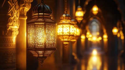 Illuminated lanterns hanging in an ornate hallway.