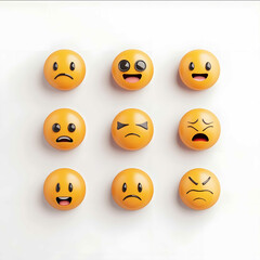 Fototapeta premium 9 emojis next to each other in rows of 3 on a completely white background that express the following emotions 1 joy 2 sadness 3 anger 4 fear 5 shame 6 disgust 7 surpris
