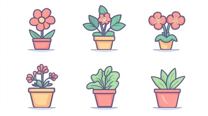 Six potted plants, colorful illustration, website design element