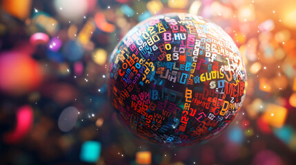 Obraz premium A globe made of words from different languages, surrounded by abstract figures communicating through speech bubbles filled with colorful letters. 