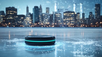 Futuristic hockey puck on ice rink with city skyline.