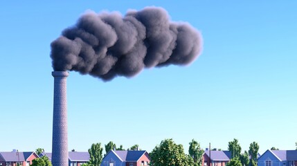 Industrial smokestack emitting black smoke over suburban homes.