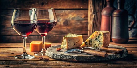 Vintage Style Photo: Wine, Cheese, and Marble - Perfect Appetizer