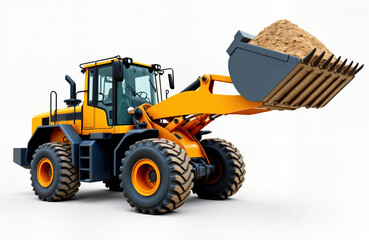 Heavy construction loader isolated on white background. Large yellow machine with dark gray bucket filled with earth sand. Industrial vehicle ready for work. Powerful construction equipment for