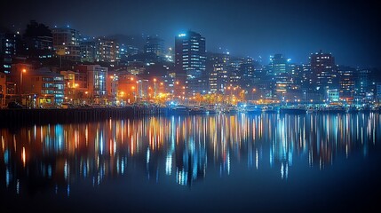 Naklejka premium Night Cityscape Reflected in Calm Water