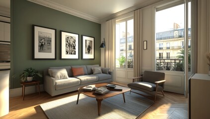 Sunlit living room with grey sofa, armchair, and framed photos.