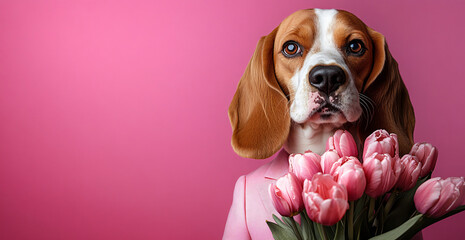 A regal beagle in a pastel pink suit holding pink tulips, ideal for event invitations, pet-related promotions, or whimsical wedding announcements.