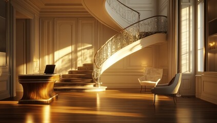 Fototapeta premium Sunlit luxury interior with curved staircase, reception desk, and armchairs.