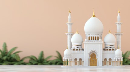 Obraz premium Elegant White Mosque with Golden Accents Against Soft Orange Background