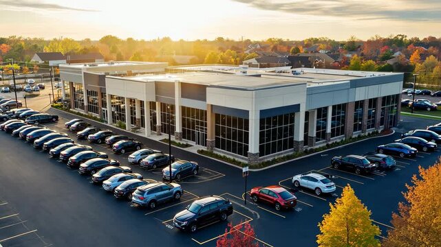 Car dealership showcasing a diverse inventory under a sunset sky, A car dealership with a full inventory in the parking lot in an suburban community aerial flyover