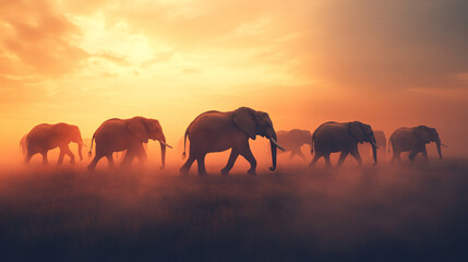 Fototapeta premium A group of elephants crossing a dusty savannah, their silhouettes merging with abstract patterns of dust and sky, symbolizing strength and unity. 