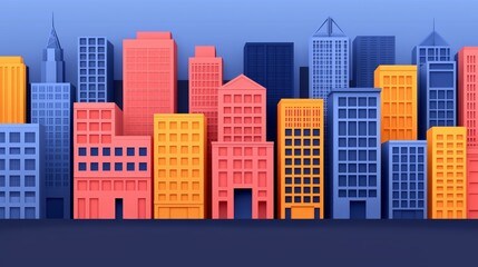 Colorful Urban Skyline with Modern and Abstract Buildings in Blue Sky Background