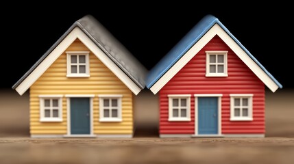 Colorful miniature houses in contrasting styles and shades on a wooden surface