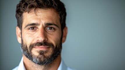 Obraz premium Confident man with beard smiling against a plain background in soft lighting