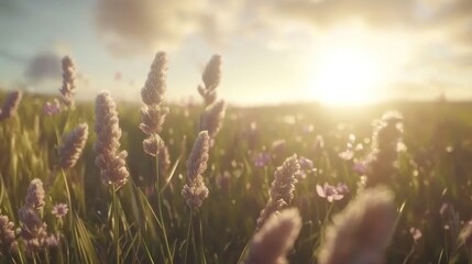 Sunset over wildflowers in a meadow.