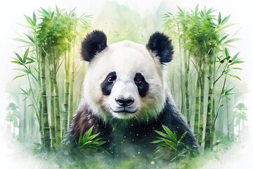 Obraz premium Watercolor Panda Double Exposure: Tranquil Bamboo Forest Stock Photo
